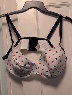 Cacique White Polka Dot Underwire Bra with Pink & Black Dots 46DD